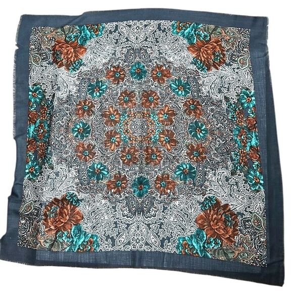 Vintage Ray Strauss Large Wool Square Scarf Shawl Gray Paisley Floral Italy - Picture 5 of 13